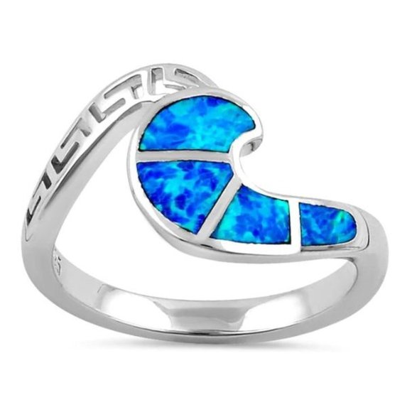 925 STERLING SILVER Lab Created Blue Fire Opal Greek Key & Wave Ring - Picture 13 of 16